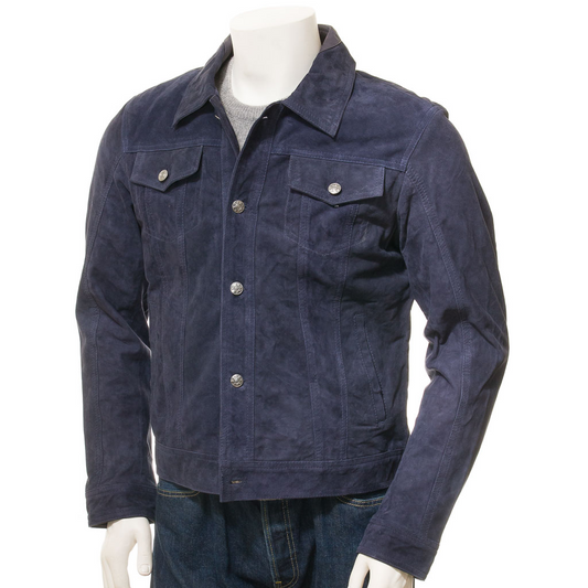 MEN'S BLUE SUEDE TRUCKER JACKET: BARKER