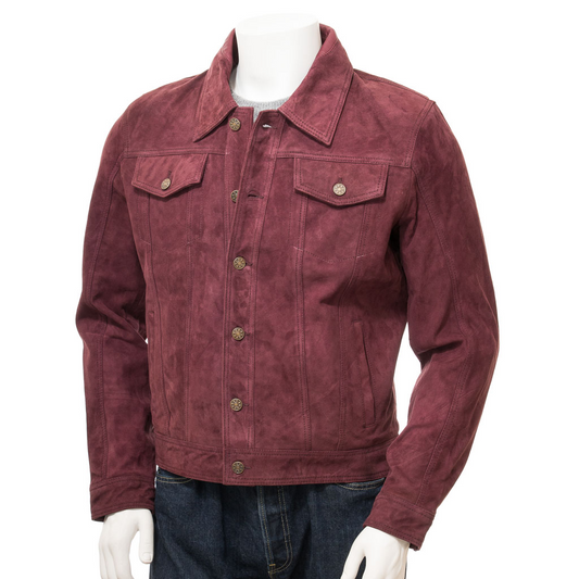 MEN'S BURGUNDY SUEDE TRUCKER JACKET: BENSON