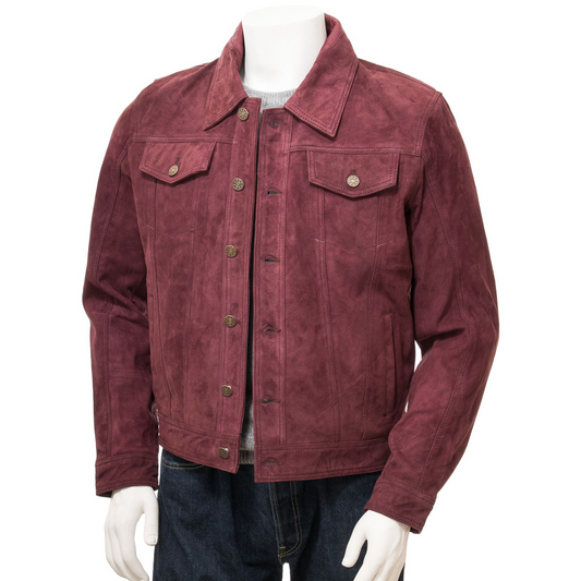 MEN'S BURGUNDY SUEDE TRUCKER JACKET: BENSON