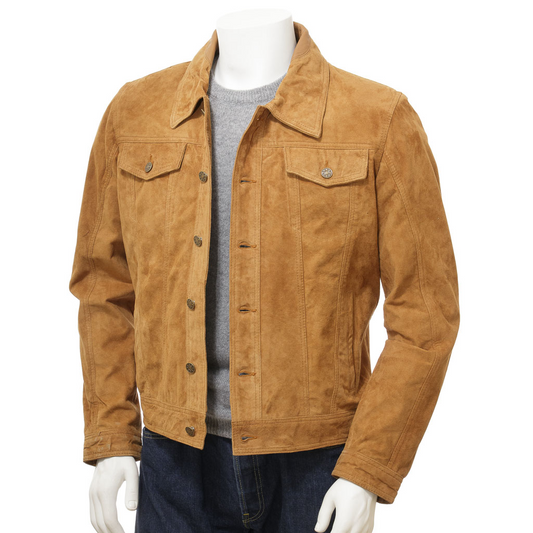 MEN'S TAN SUEDE TRUCKER JACKET: BUTLER