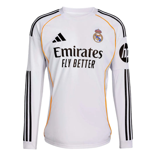 adidas 2025-26 Real Madrid Men's Stadium Home Long-Sleeve Soccer Jersey (Front)