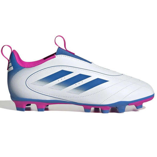 adidas Kid's Goletto IX Laceless Firm-Multi Ground Soccer Cleats Cloud White / Bright Royal / Team Shock Pink 2 (Side 1)