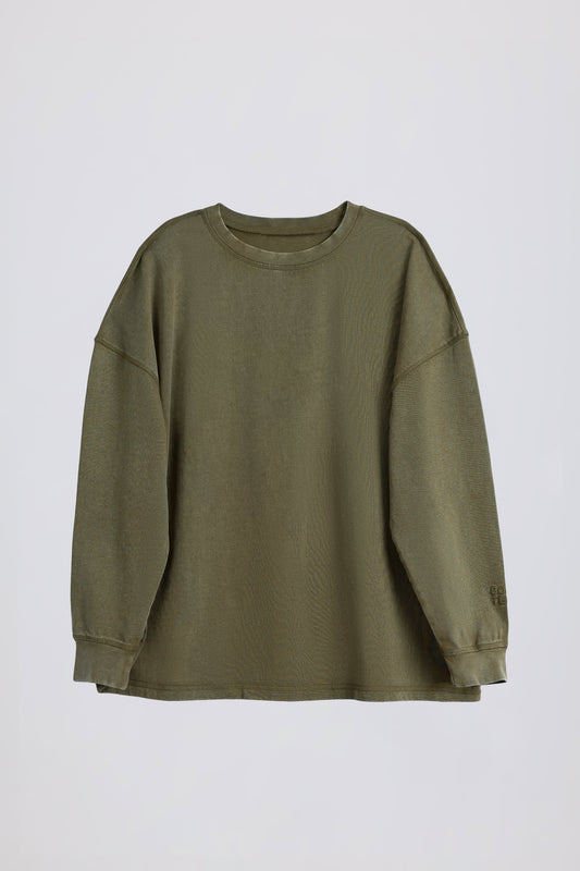 Acid Wash Long-Sleeve Oversized T-Shirt in Light Green