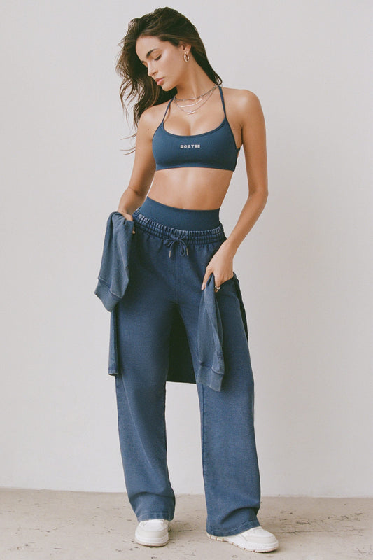 Acid Wash Mid-Rise Wide-Leg Joggers in Blue