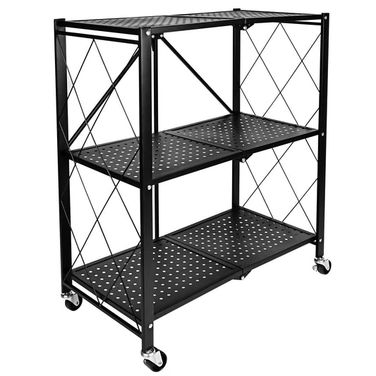 3-Tier Heavy Duty Foldable Metal Rack Storage Shelving Unit with Wheels,Black