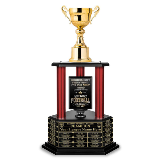 Gold fantasy football perpetual trophy cup with engraved nameplates.