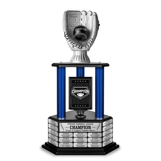 Silver baseball championship trophy with a sleek design and a baseball emblem