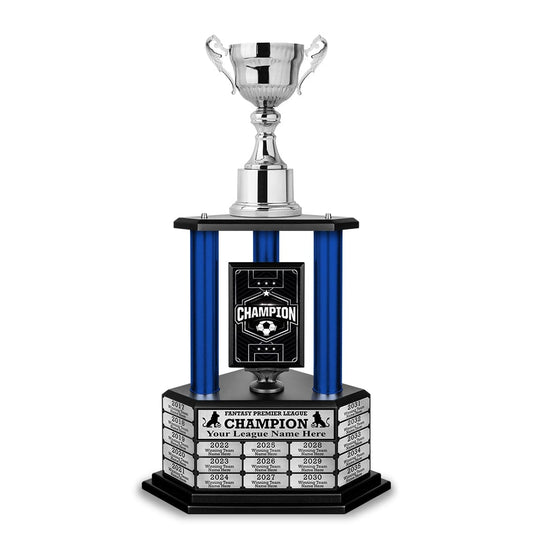Silver soccer championship trophy with a customizable nameplate