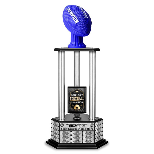 Perpetual fantasy football trophy in blue and silver with a football emblem