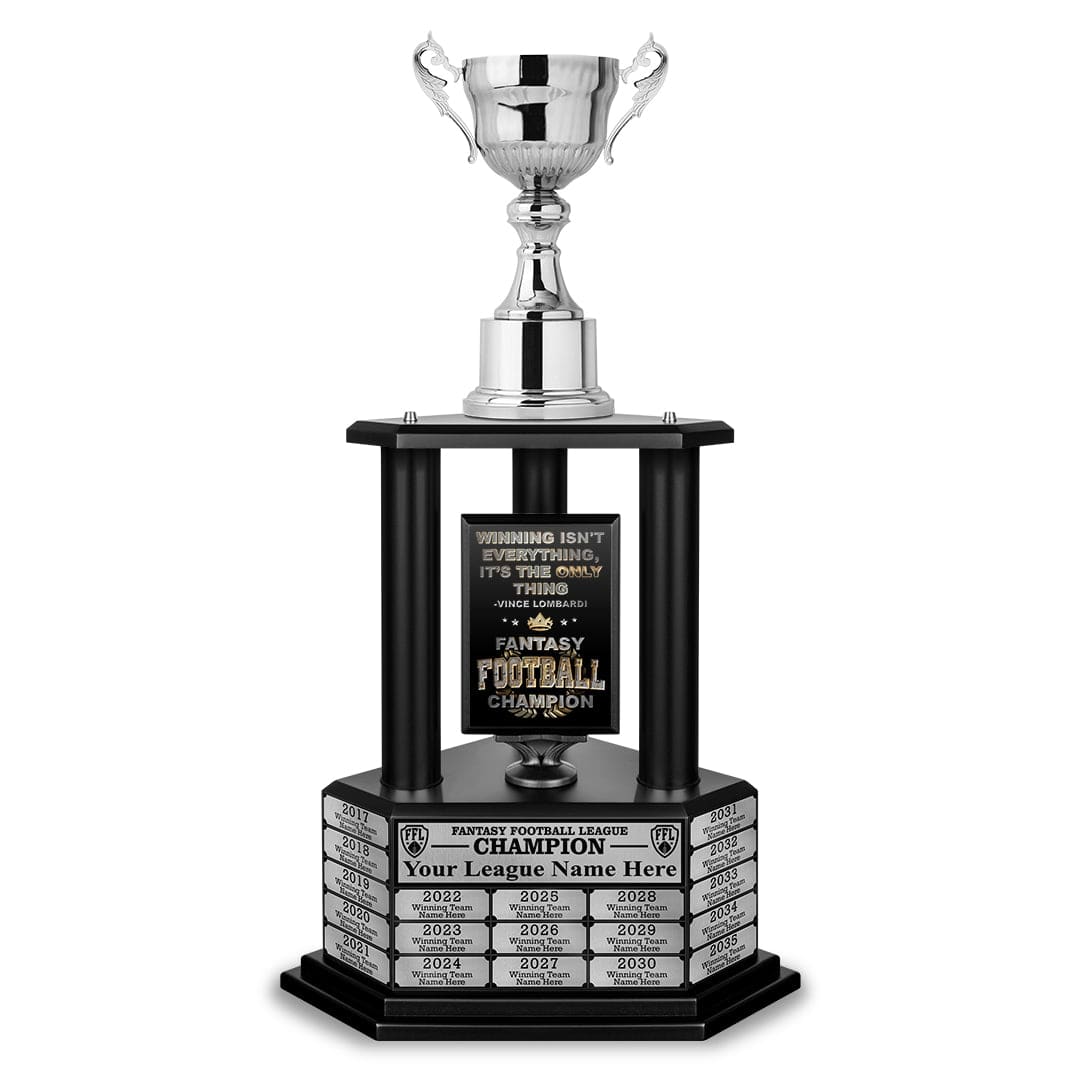Perpetual fantasy football trophy in silver with a customizable cup design