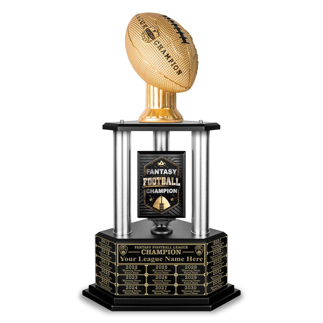 black perpetual fantasy football trophy featuring a black football on top