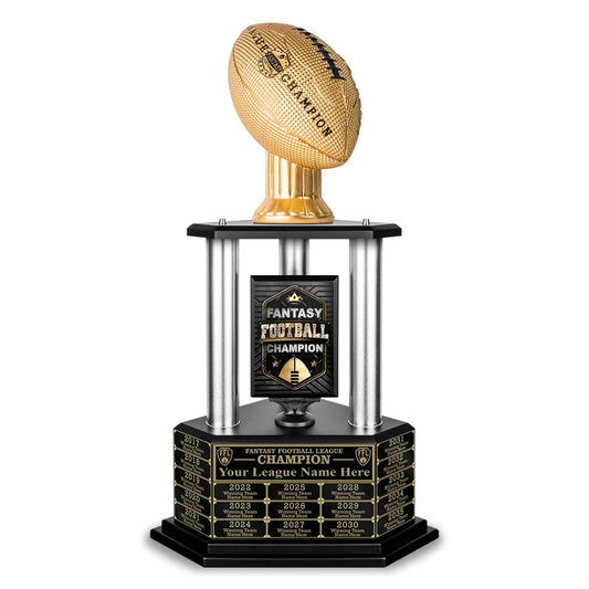 black perpetual fantasy football trophy featuring a black football on top