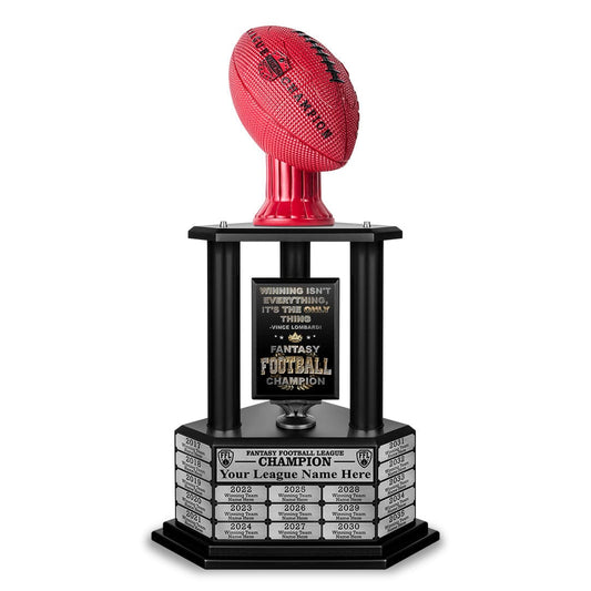 Perpetual fantasy football trophy in red with a football emblem