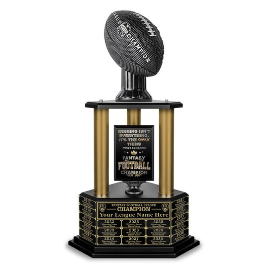 26-36 inch gold column fantasy football perpetual trophy with multiple customizable engraved plates for league winners